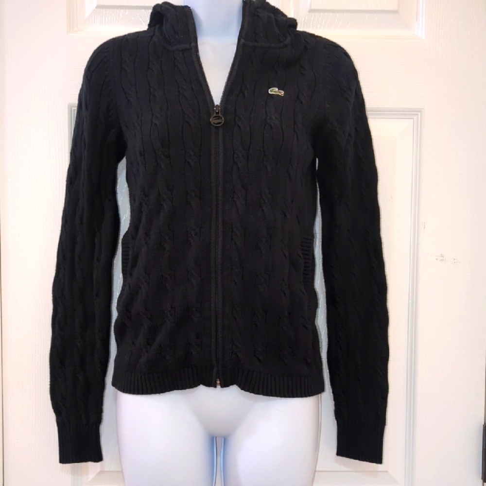 Lacoste Black Cable Knit Zip Hoodie Sweater Sz 36 (Small)